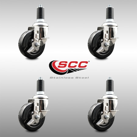 Service Caster 4 Inch 316SS Soft Rubber Swivel 1-1/4 Inch Expanding Stem Caster Set Brake SCC SCC-SS316EX20S414-SRS-TLB-114-4